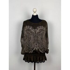 DESIGUAL Women Round Neck Oversized Poncho Blouse Size Medium Cold Shoulder Lace